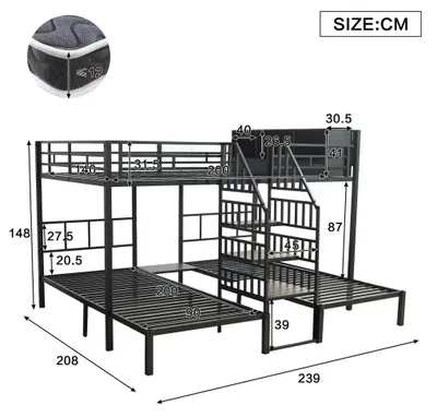 Imagen del producto de Cama litera para 3 personas - Estructura robusta - Escalera con barandilla - Fabricada en metal y madera - Sin espacio de almacenamiento - Color negro