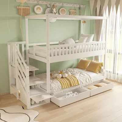 Image de okwish Lit superposé 90x200 cm, lit enfant avec barrière de sécurité, rangement et échelle sécurisée, sans matelas – blanc