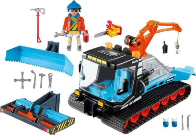A toy snow groomer with accessories and a figure.