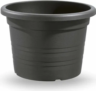A dark gray plastic planter pot is shown against a white background.