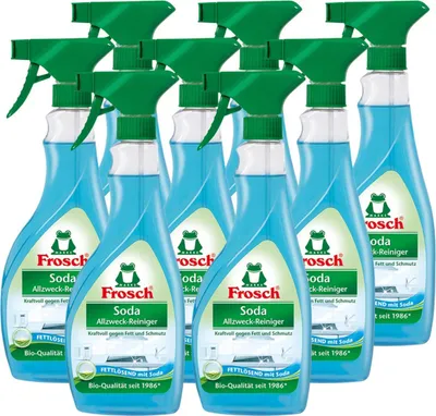 A group of Frosch Soda Allzweck-Reiniger spray bottles.