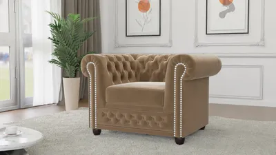 Produktbild von S-STYLE MÖBEL - Nox - Chesterfield Sessel aus Beige Samt-Stoff mit Holzfüßen, B/T/H: 94 cm / 86 cm / 72 cm