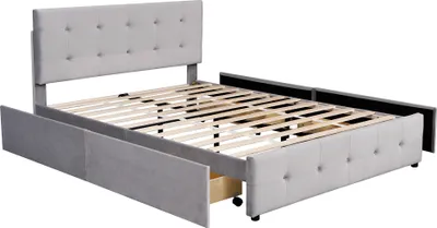 Produktbild von Merax Polsterbett 140x200cm mit höhenverstellbarem Kopfteil und 4 Schubladen, Funktionsbett Doppelbett mit Lattenrost und Samtbezug in Grau