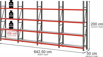 Zdjęcie produktu dla Regał magazynowy metalowy zestaw cztery moduły 16-półkowy Mega-M FORTIS 642,5x50x200cm