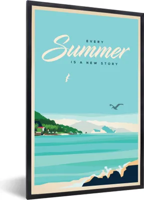 Produktbild von MuchoWow® MuchoWow® Gerahmtes Poster Vintage-Illustration Urlaub am Meer 60x90 cm - Poster mit zchwarzem Bilderrahmen - Kunst