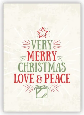 Produktbild von 4x Elegante englische Weihnachtskarte mit Schrift als Weihnachtsbaum: Very merry Christmas Love & Peace