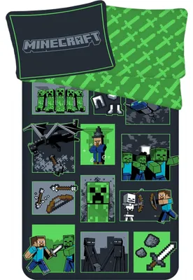 Imagen del producto de Juego de sábanas de Minecraft: algodón suave, color /verde, 140x200 cm, incluye funda de almohada y manta