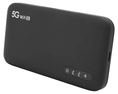 A black 5G mobile hotspot WiFi 6 router is shown from a diagonal angle.