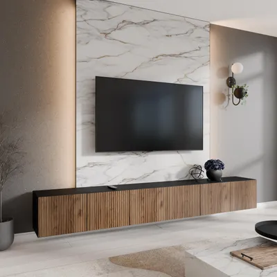 Produktbild von Modernes TV Lowbord mit 6 Türen Presto Große TV Schrank 300cm breit Lowboard Fernsehtisch mit geriffelte Fronten, Farbe: Schwarz, Eiche Catania, Anzahl de Tren: 6