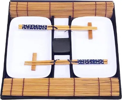 Produktbild von Porseleinen Servies-Set in Geschenkbox, 10-teilig, mit Bambus-Platten und Holzstäbchen