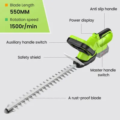 Zdjęcie produktu dla Nożyce do żywopłotów akumulatorowe - 21V, elektryczne, do cięcia krzewów - ostrze podwójne, 51 cm - silnik bezszczotkowy - grubość cięcia 15 mm - bez akumulatora - kompatybilne z akumulatorami 18V