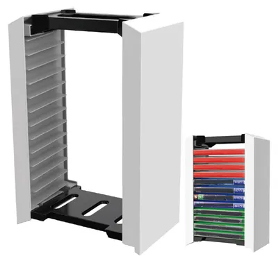 Imagen del producto de Estante de almacenamiento para juegos - Capacidad para 12 discos de juego - Organizador de accesorios para juegos - Material ABS duradero - Montaje sencillo - Seguro y organizado