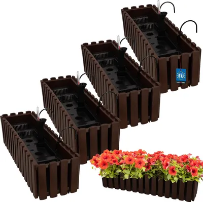 Produktbild von KOTARBAU® 4er Set Blumenkasten Balkon Blumentopf Selbstbewässernd 58x18x16cm Braun Kunststoff Blumentopf Balkongeländer Bewässerungssystem Blumenkastenhalterung Pflanzkübel Groß Außen