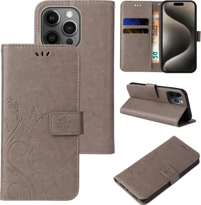 Produktbild von Handyhülle für Apple iPhone 15 Pro Floral Blumen Schmetterling Flip Cover Hülle Case Klapphülle Handytasche Farbe: Grau