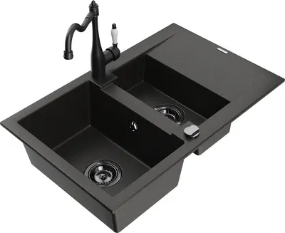 Produktbild von Mexen Gaspar 1,5-Becken-Granitspüle mit Abtropffläche und Mischbatterie Carla Schwarz/Gold metallisch - 6507-75-670700-70-B
