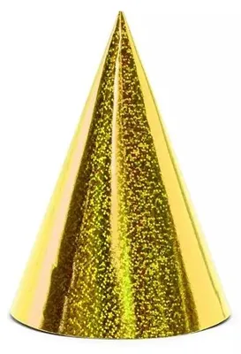 Obrázok produktu pre Holografické párty čiapky, zlaté, 16 cm, 6 kusov. Vhodné na oslavy a narodeniny. Rozmer: 160 mm, 10 cm