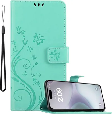 Image de Cadorabo Housse pour Apple iPhone 16 PLUS en FLORAL TURQUOISE Housse de protection au design floral avec fermeture magnétique, fonction stand et porte-cartes Flip Case Flower Cover Etui Handy Klapp Hülle Book Tasche