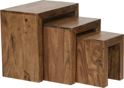 Produktbild von 3er Set Satztisch Massiv-Holz Sheesham Wohnzimmer-Tisch Landhaus-Stil Beistelltisch dunkel-braun Naturholz