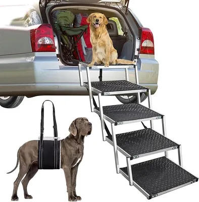 Produktbild von Hundetreppe Auto, Hunderampe Auto klappbar, Haustiertreppe mit Hundeliftgeschirr, 5 Stufen Hundetreppe Große Hunde bis 80kg, Rampe Hunde Treppe für die Für Kleine, Mittlere, Große