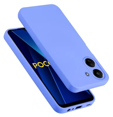 A purple phone case is shown on top of a phone with the POCO logo on its screen.