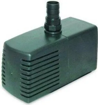 A black submersible water pump with a ribbed outlet nozzle on top.