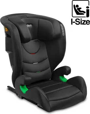 A black child car seat with green accents, shown from a front-side angle on a white background.
