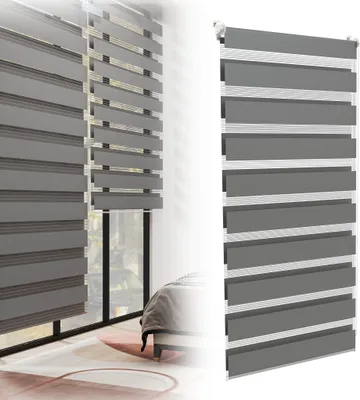 Image de XINZI Store double moderne à tirage latéral, store occultant, store zébré, stores pour fenêtres sans perçage pour fenêtres et portes, 100 x 150 cm, gris