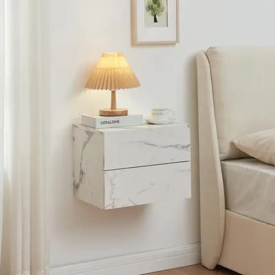 Image de Table de nuit suspendue 'Ampfing' avec 2 tiroirs 40 x 29 x 30 cm imitation marbre, blanc