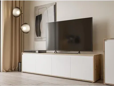 Image de Meuble TV SKELPE, Blanc Mat et Chêne, 4 Portes, 188,3 x 42 x 49,7 cm