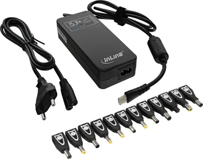 Produktbild von InLine Univ. NT f. NBs m. Farbdisp., 90W, USB, 100-240V, schw. m. 12 Wechselst., Laptop, Automatisch / Innen, 100-240 V, 50/60 Hz, 90 W, 20 V