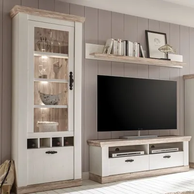 Produktbild von Media TV Wohnwand mit Vitrine inkl. LED FERNA-61 Pinie weiß und Oslo Nb. B x H x T ca.: 215 x 201 x 44 cm
