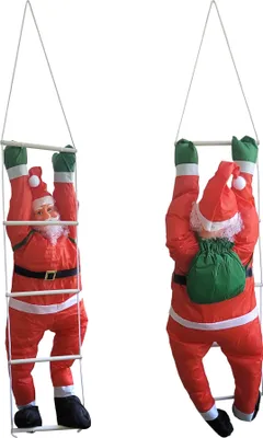 Two inflatable Santa Claus figures climbing a ladder, presented against a white background.
