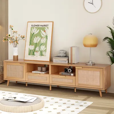 Produktbild von Merax Lowboard “Dionysus” mit Rattangeflecht und verstellbaren Holzbeinemit, Oak