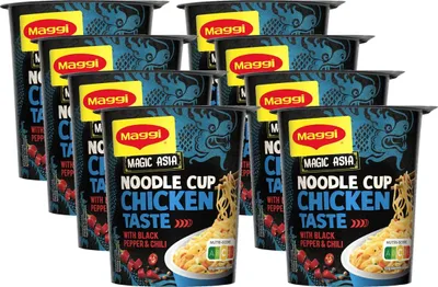 Produktbild von Maggi Magic Asia Instant-Nudeln, leckeres Fertiggericht im praktischen Becher, 8er Pack, Sorte:Chicken