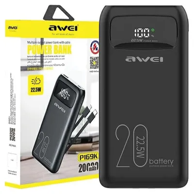Zdjęcie produktu dla Awei Powerbank P169K 20000Mah 22.5Wczarny/Black Wyświetlacz + Kable Pd/Lightning