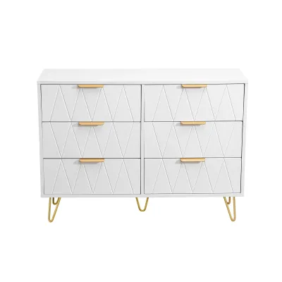Obrázok produktu pre Nízky príborník so 6 zásuvkami - Komoda - MDF drevo a pozlátený kov - 100 x 34 x 73 cm - Biela