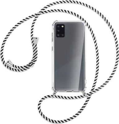 Produktbild von Handykette Backcover-Schutzhülle mit Band (Metall silberfarben) für Samsung Galaxy A31 - schwarz/weiß gestreift