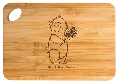 Produktbild von Mr. & Mrs. Panda Holzbrett Panda Badminton  - Transparent - Geschenk, vesperbrett, Schneidebrett, Frühstücksbrettchen, Hackbrett, spielen, schneidbrett