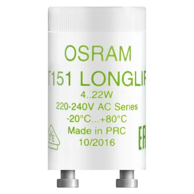 A close-up studio shot of an OSRAM starter for fluorescent lamps.
