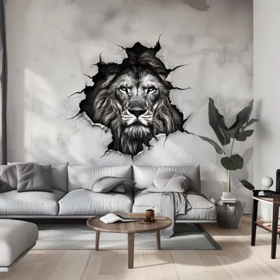 Productafbeelding van Decords Wanddecoratie – Majestueuze leeuwenkop in zwart-wit, 300 cm