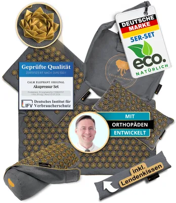 Produktbild von CALM ELEPHANT ORIGINAL Akupressurmatte "ULTIMATE" Premium XXL Set für Einsteiger, 6-teilig mit Lendenkissen und Kniekissen Ganzkörpermassage, grau