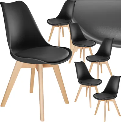 A set of black dining chairs with wooden legs arranged in a collage.