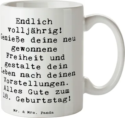 Produktbild von Mr. & Mrs. Panda Kaffeetasse Spruch 18. Geburtstag Freiheit - Weiß - Geschenk, Pott, Träume und Wünsche, bedruckt, Happy Birthday, Kaffeebecher, Teetasse, Alter, neue