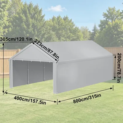 Image de Abri de voiture pliable - Garage mobile pour véhicules - Housse en PE étanche - Structure en acier galvanisé - Parois latérales - Pour une utilisation en extérieur - Dimensions : 4 x 8 mètres - Couleur : gris