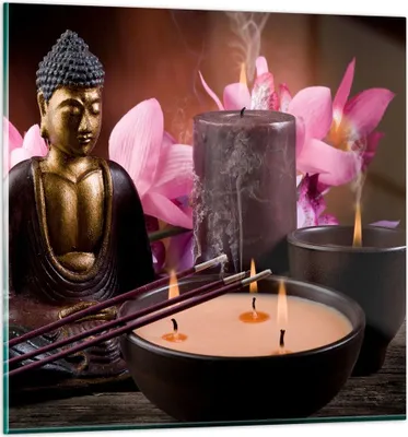 Produktbild von Bilder auf glas - Buddha Kerzen Religion - 30x30cm - Glasbilder - Wandbilder - Kunstdruck - zum Aufhängen bereit - Wanddekoration aus Glas - Glas Bilder - Wandbild auf Glas - Einteilig - GAC30x30-2631