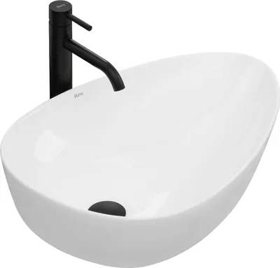 A white oval basin with a black faucet.