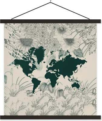 Produktbild von MuchoWow® Textilposter Weltkarte - Blumen - Pflanzen 60x60 cm mit schwarzem Rahmen - Posteraufhänger