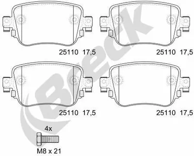 Produktbild von BRECK 25110 00 704 00 Bremsbeläge Satz Hinten Bremsklötze für SKODA Octavia III Combi (5E5) für VW SHARAN (7N1, 7N2) für SEAT Leon ST (5F8)