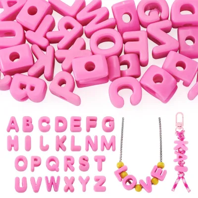 Imagen del producto de Letras de acrílico en forma de cuentas, 26 unidades, con agujero grande, color rosa, del alfabeto A a la Z, para la creación de joyería
