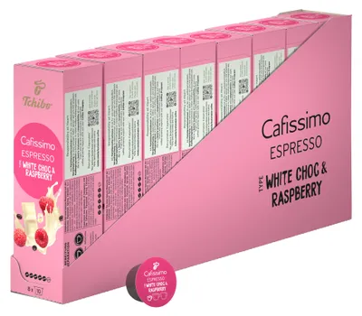 Produktbild von Tchibo Cafissimo Espresso Raspberry White Choc Kaffeekapseln, 80 Stück - 8 x 10 Kapseln (Espresso, Geschmack von weißer Schokolade und Himbeere), Limited Edition